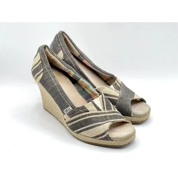 Toms Gray Beige Fabric Espadrilles Wedge Sandals Women's Size